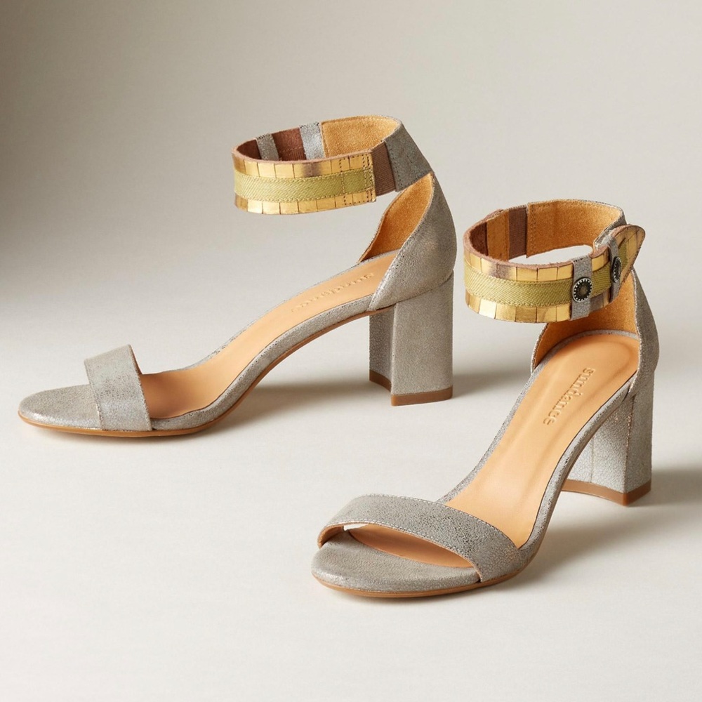 “Twilight Zephyr” silver leather sandals. New in box from Sundance.